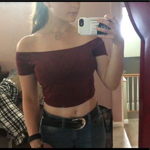 Cropped, off-shoulder, red suede shirt